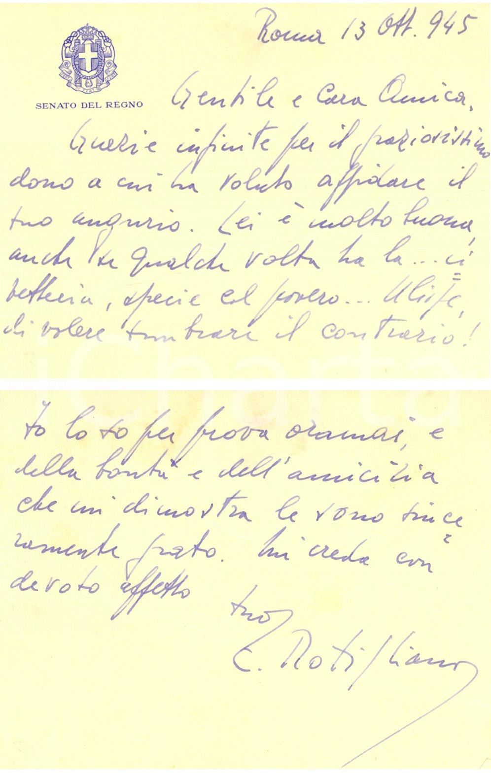 Autografo originale 1945 ROMA Senatore Edoardo ROTIGLIANO ringrazia per un dono Autografo 1