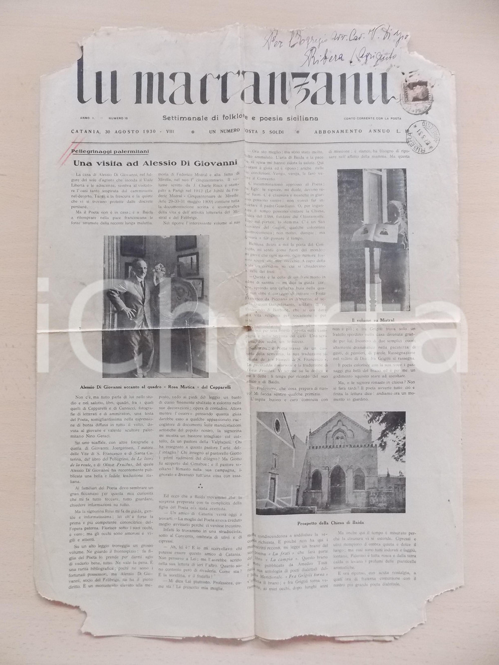 Giornale, rivista storica 1930 LU MARRANZANU Una visita ad Alessio DI GIOVANNI Anno I nÂ° 16 DANNEGGIATO 1