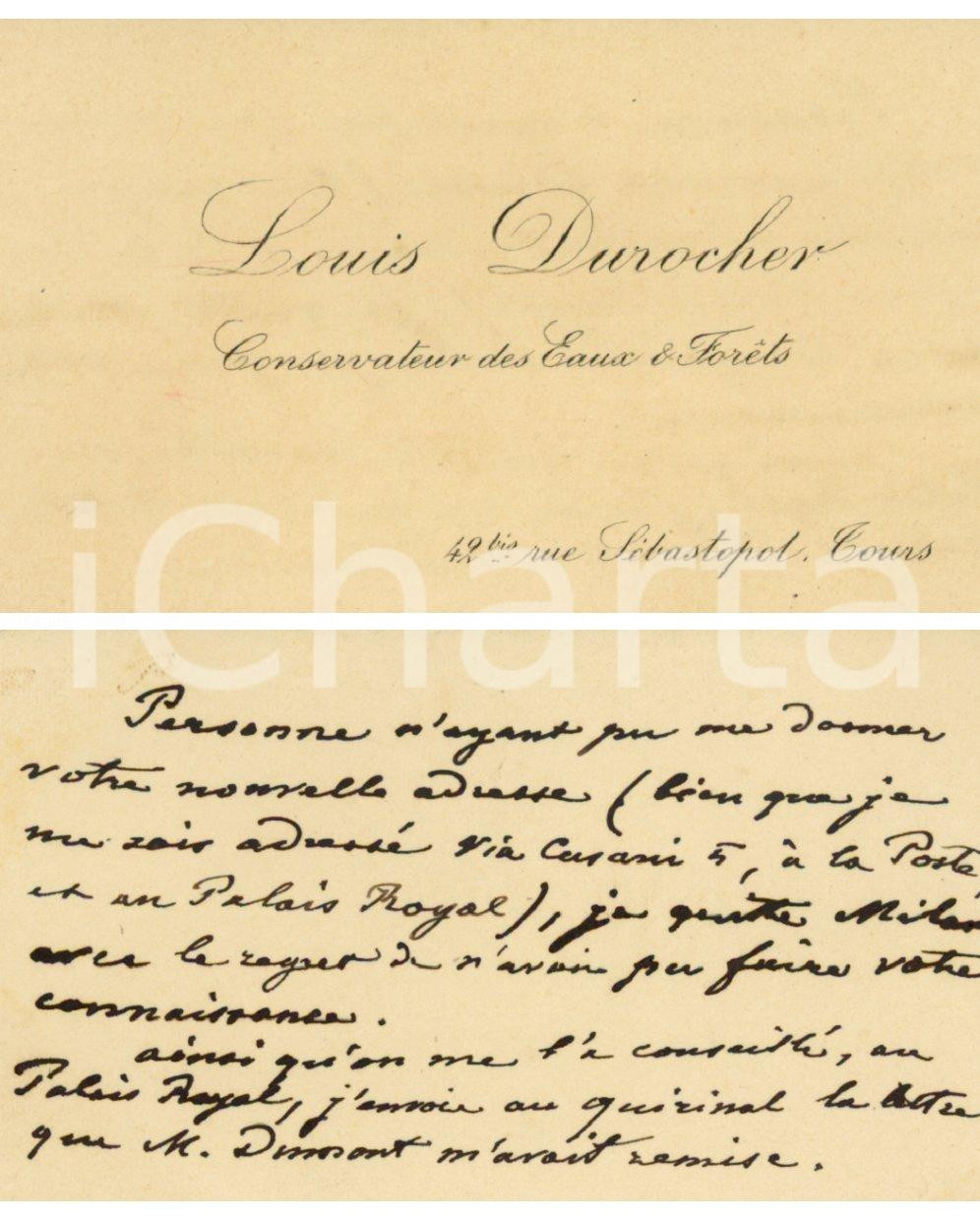 Autografo originale 1890 ca TOURS Louis DUROCHER Conservateur des Eaux Carte de visite AUTOGRAPHE 1
