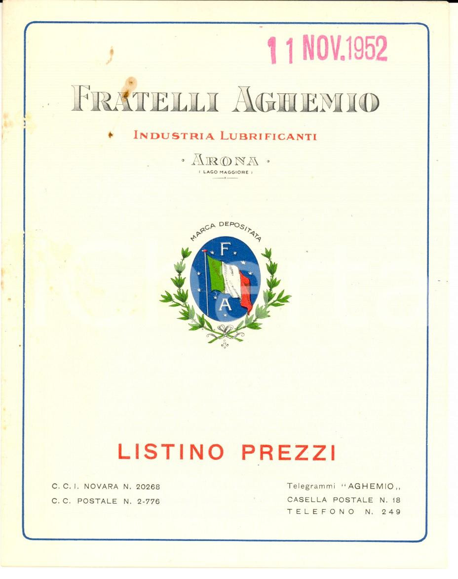 Materiale pubblicitario d’epoca 1952 ARONA NO Frateli AGHENO Industria lubrificanti Listino prezzi olii 1