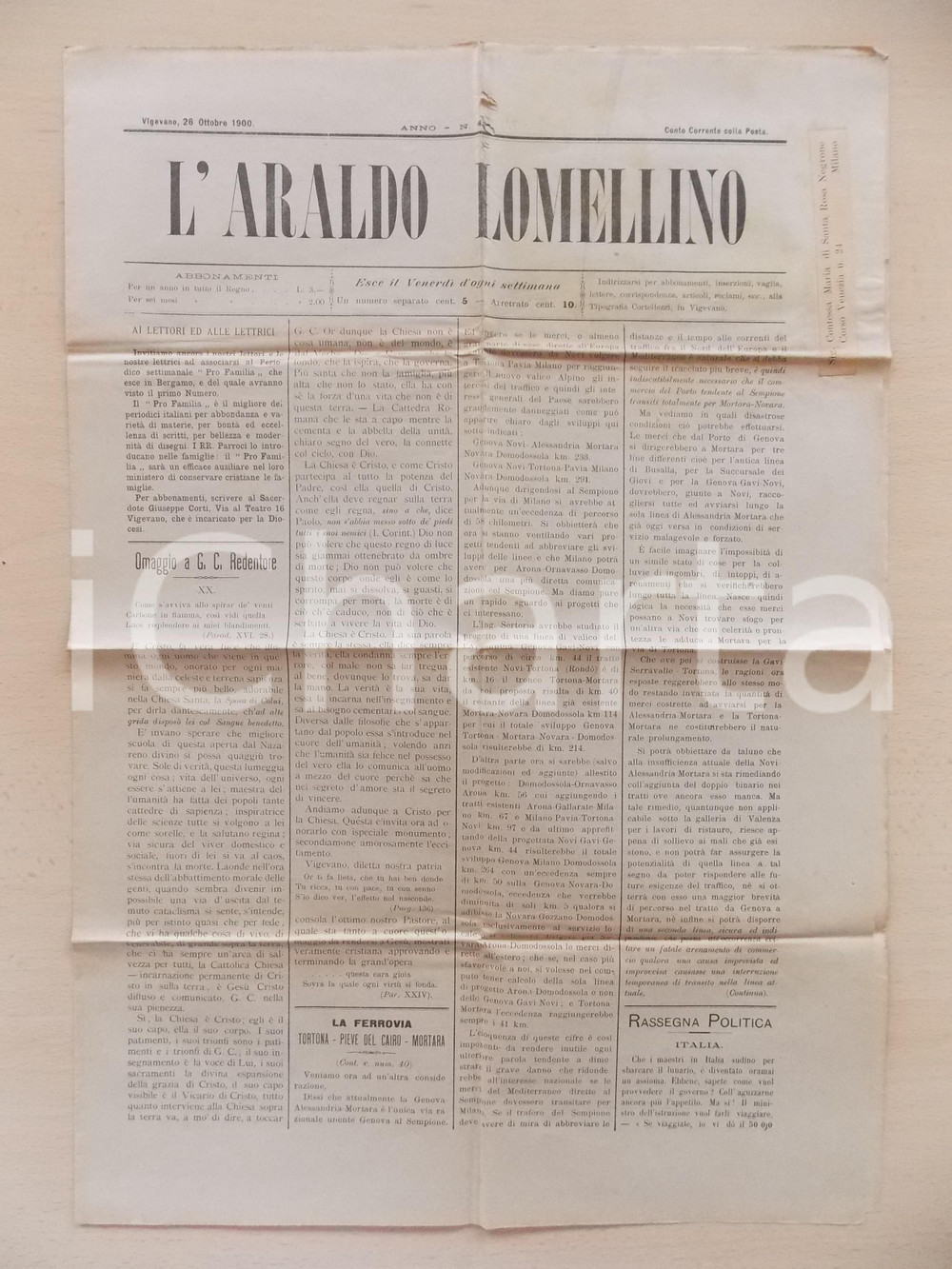 Giornale, rivista storica 1900 VIGEVANO L ARALDO LOMELLINO Ferrovia TORTONA  MORTARA Giornale 1