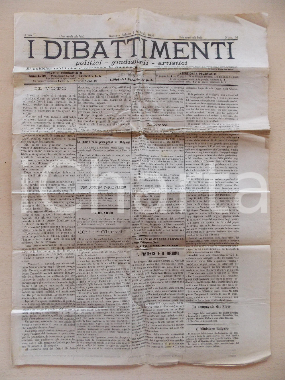 Giornale, rivista storica 1899 I DIBATTIMENTI Papa LEONE XIII e il disarmo Giornale politico giudiziario 1