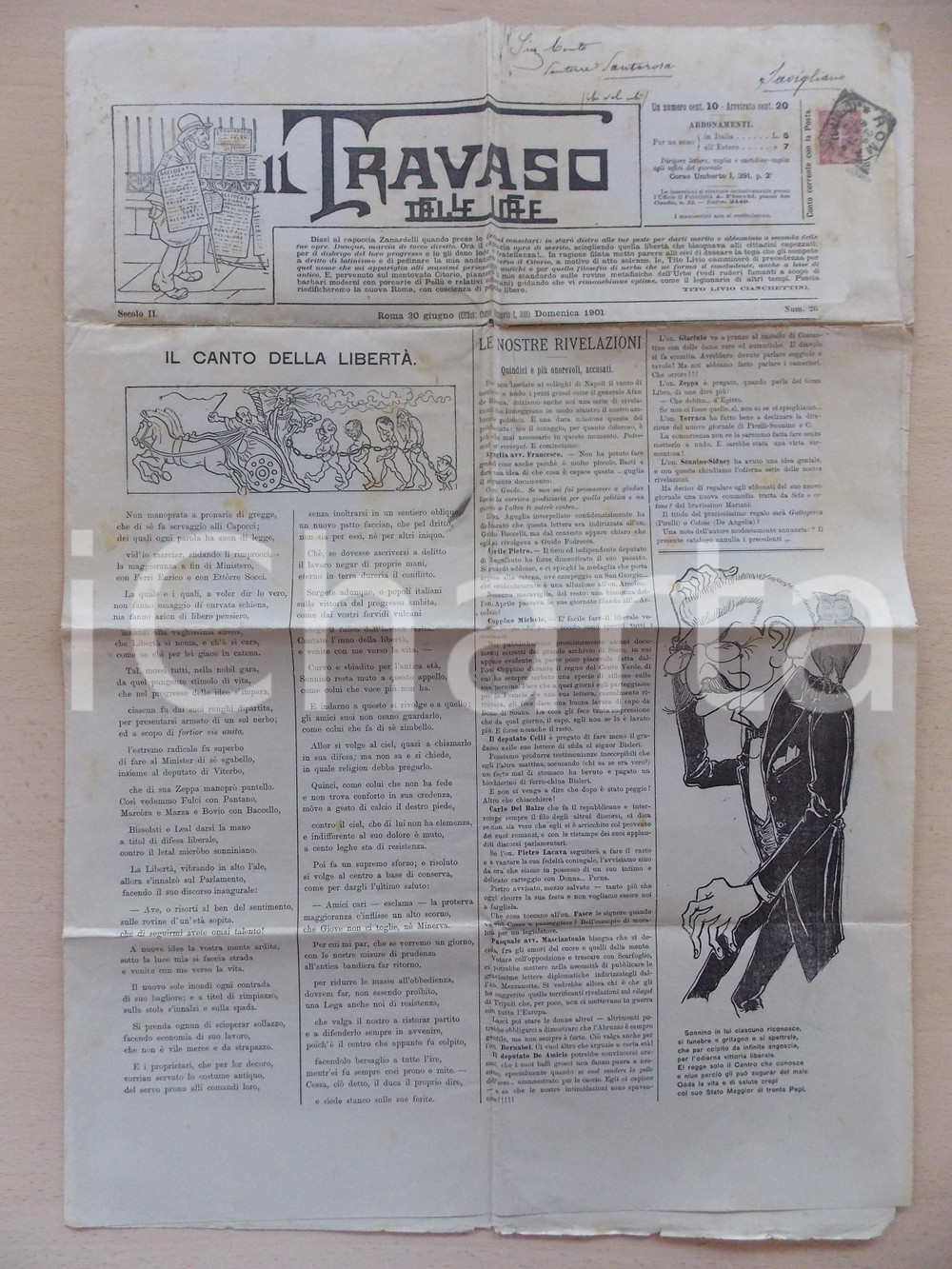 Giornale, rivista storica 1901 TRAVASO IDEE Giornale satirico ILLUSTRATO Il canto della libertÃ  1