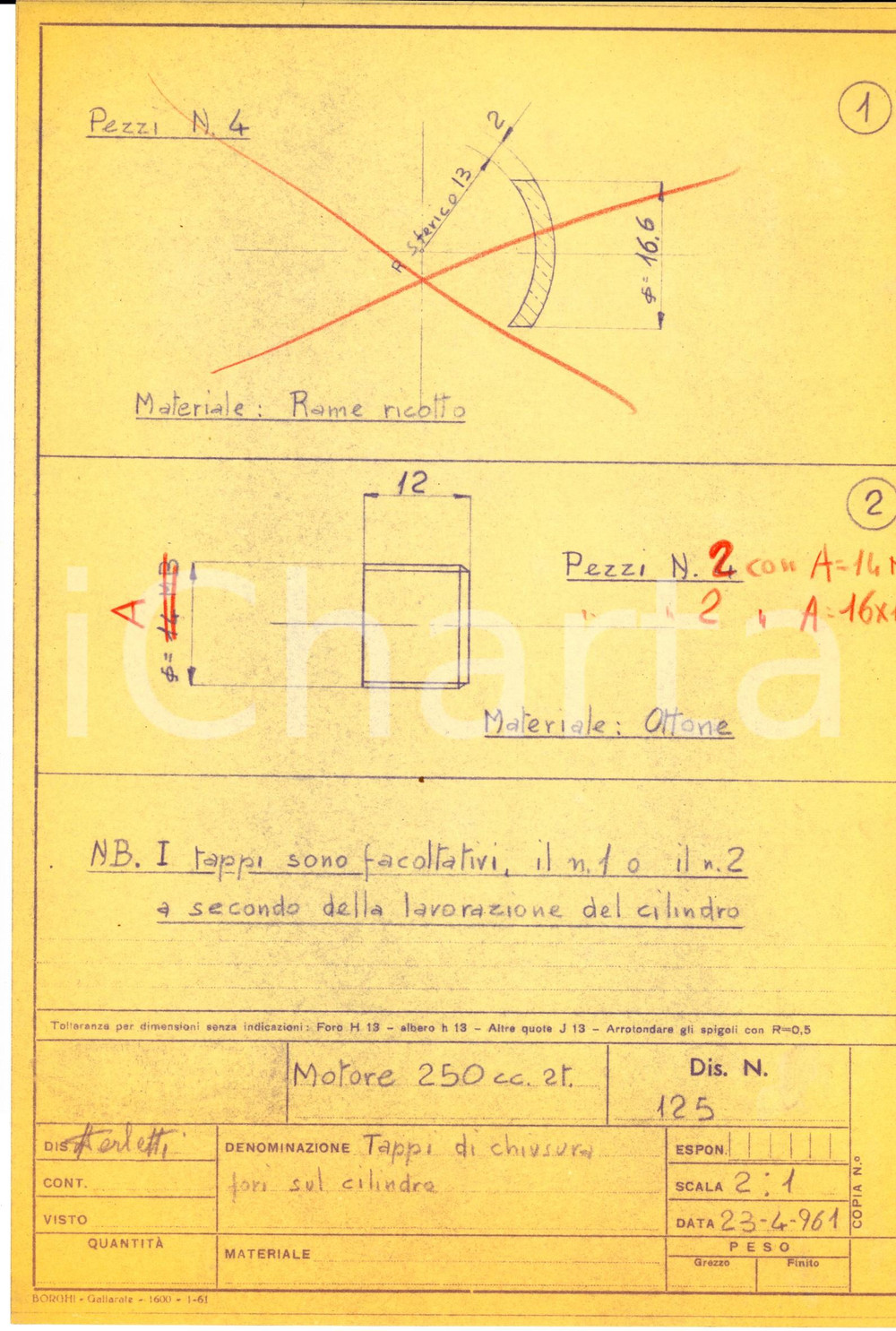 Stampa, bozzetto originale 1961 NAUTICA Motore 250 cc. per fuoribordo  Tappi chiusura fori Disegno 1