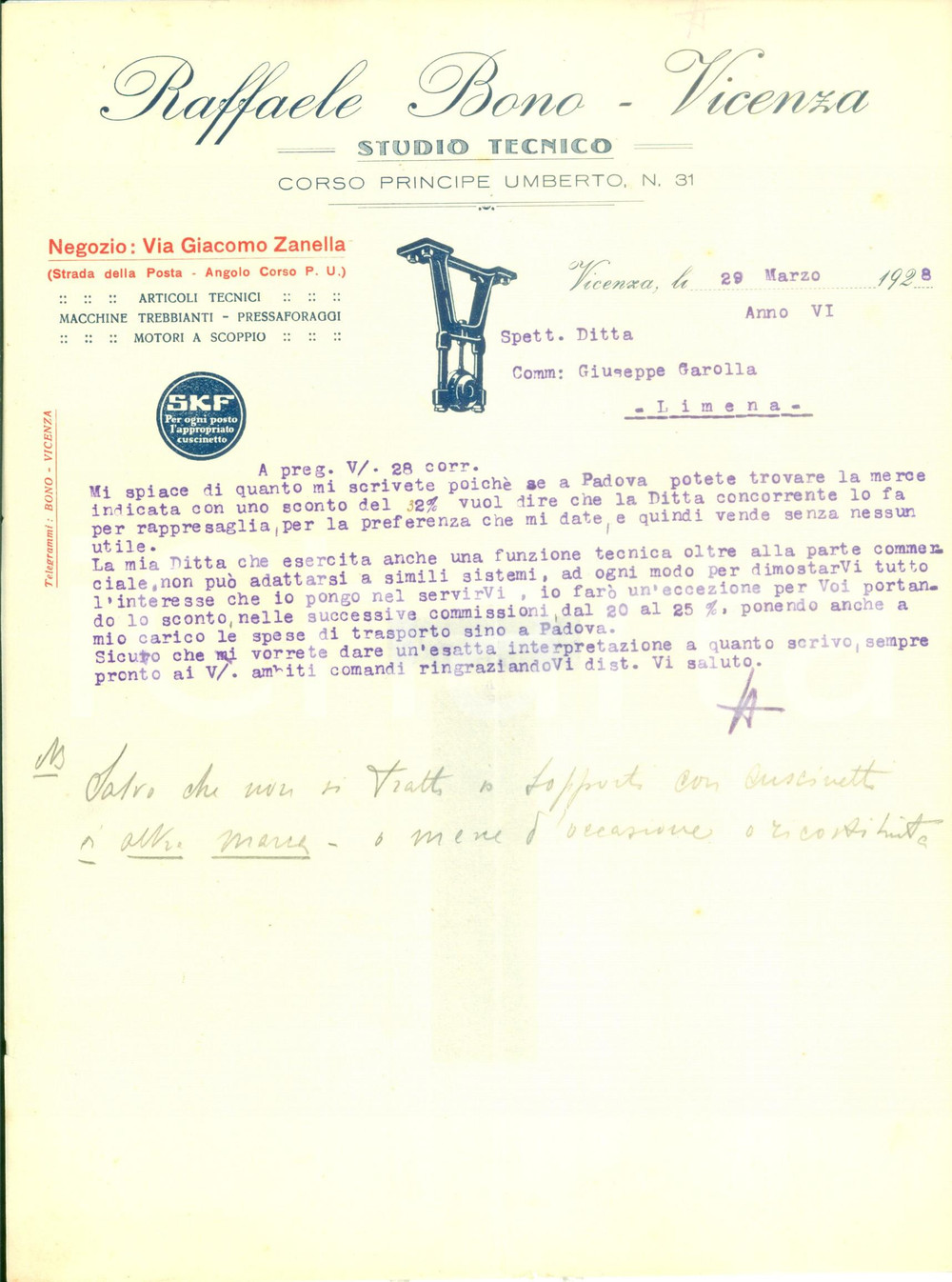 Documento originale, autentico 1928 VICENZA Raffaele BONO Studio tecnico Trebbianti Lettera commerciale 1