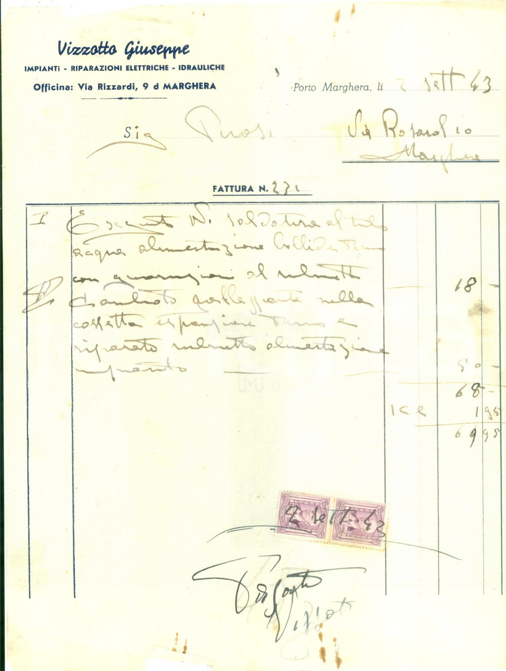 Documento originale, autentico 1943 VENEZIA PORTO MARGHERA Giuseppe VIZZOTTO Riparazioni elettriche Fattura 1