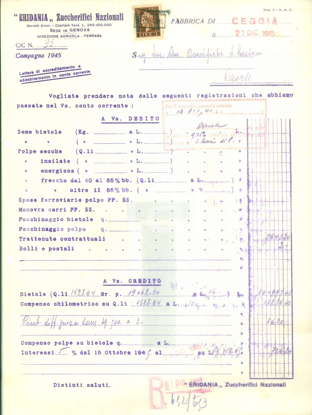 Documento originale, autentico 1945 GENOVA Zuccherifici Nazionali ERIDANIA Fattura commerciale 1