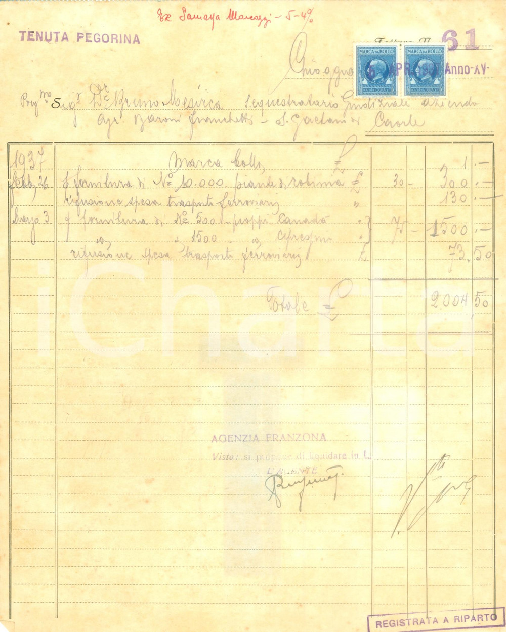 Documento originale, autentico 1937 CHIOGGIA VE Tenuta PEGORINA Fattura commerciale manoscritta 1