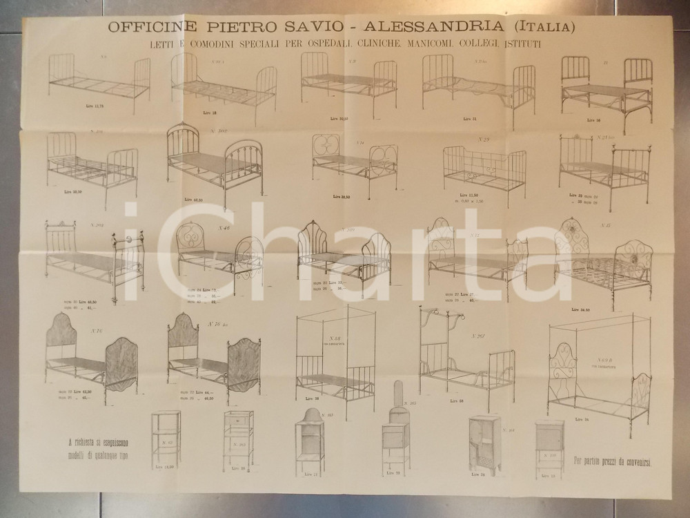 Materiale pubblicitario d’epoca 1930 ca ALESSANDRIA Officine Pietro SAVIO Letti speciali ospedali manicomi 1