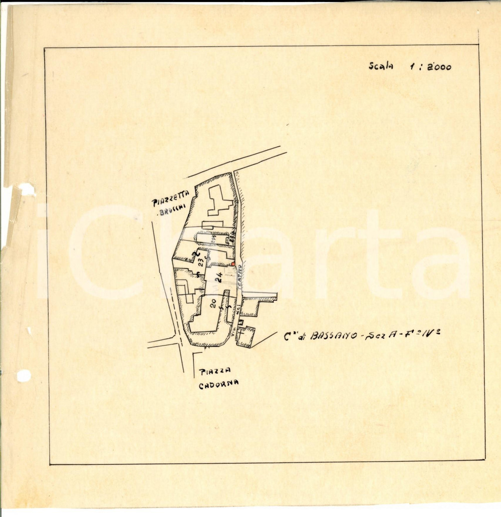 Stampa, bozzetto originale 1940 ca BASSANO DEL GRAPPA VI Planimetria area piazzetta BROCCHI 22x21 1