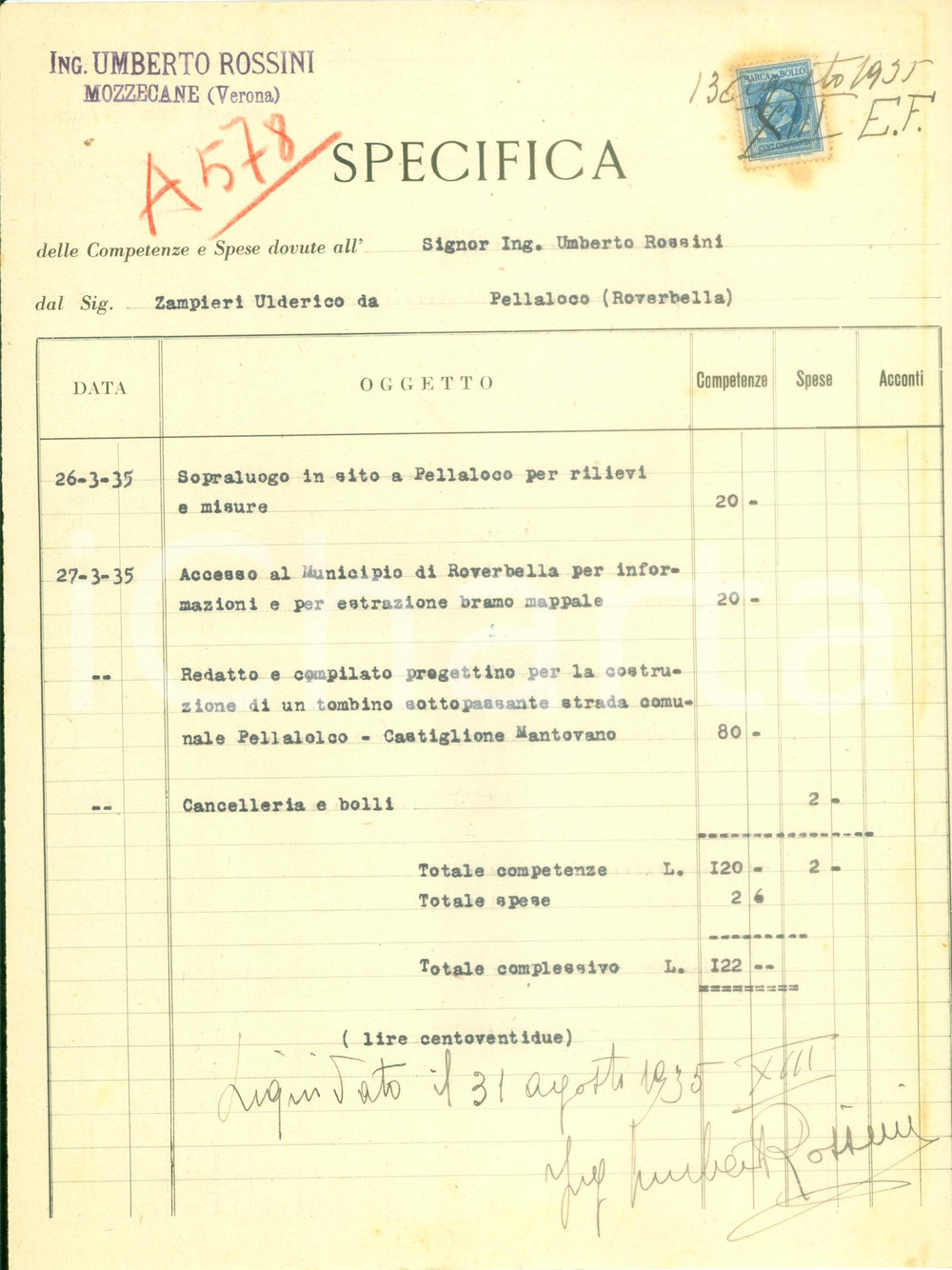 Documento originale, autentico 1935 MOZZECANE VR Ing. Umberto ROSSINI Fattura per sopralluogo e progetto 1