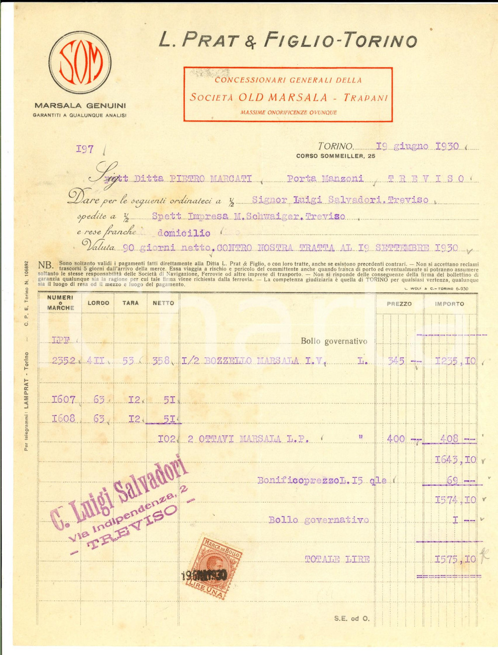 Documento originale, autentico 1930 TORINO Ditta L. PRAT & Figlio  OLD MARSALA Fattura commerciale intestata 1