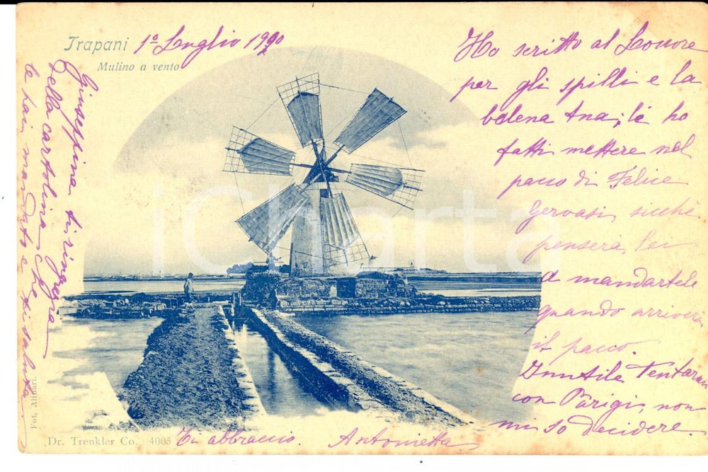Cartolina originale da collezione 1900 TRAPANI Mulini a vento Cartolina ANIMATA con operai FP VG 1