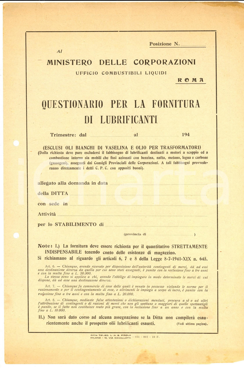 1942 ROMA Ministero delle Corporazioni - Questionario per fornitura lubrificanti