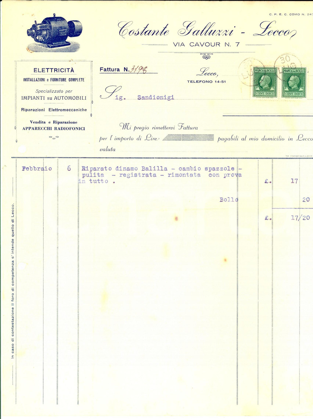 Documento originale, autentico 1930 LECCO Costante GALLUZZI Impianti su automobili Fattura intestata 1