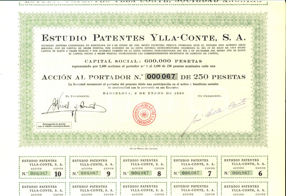 Oggetto da collezione cartaceo 1930 BARCELLONA Estudio Patentes YLLACONTE Certificato azionario con cedole 1