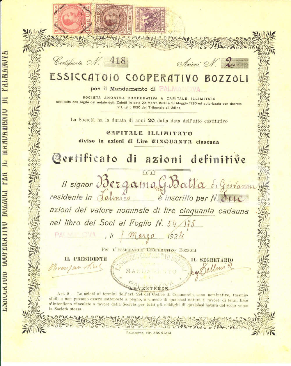 Oggetto da collezione cartaceo 1924 PALMANOVA Essiccatoio Cooperativo BOZZOLI Certificato di azioni definitive 1