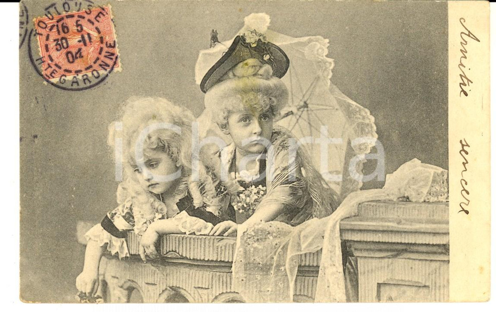 Cartolina originale da collezione 1904 COSTUMI Due piccole damigelle con l ombrellino Cartolina CURIOSA FP VG 1