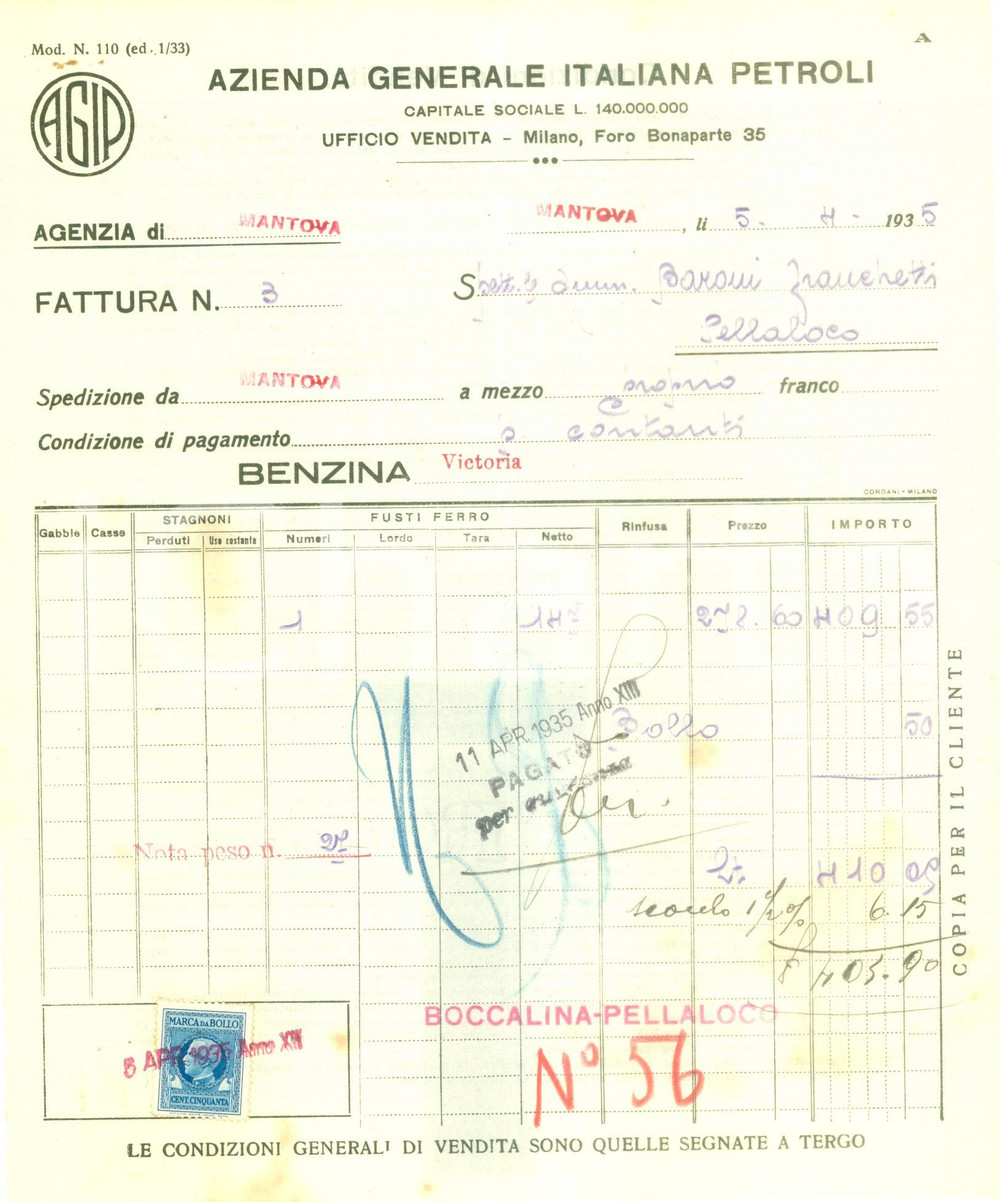 Documento originale, autentico 1935 MILANO Azienda Generale Italiana Petroli Fattura commerciale 1