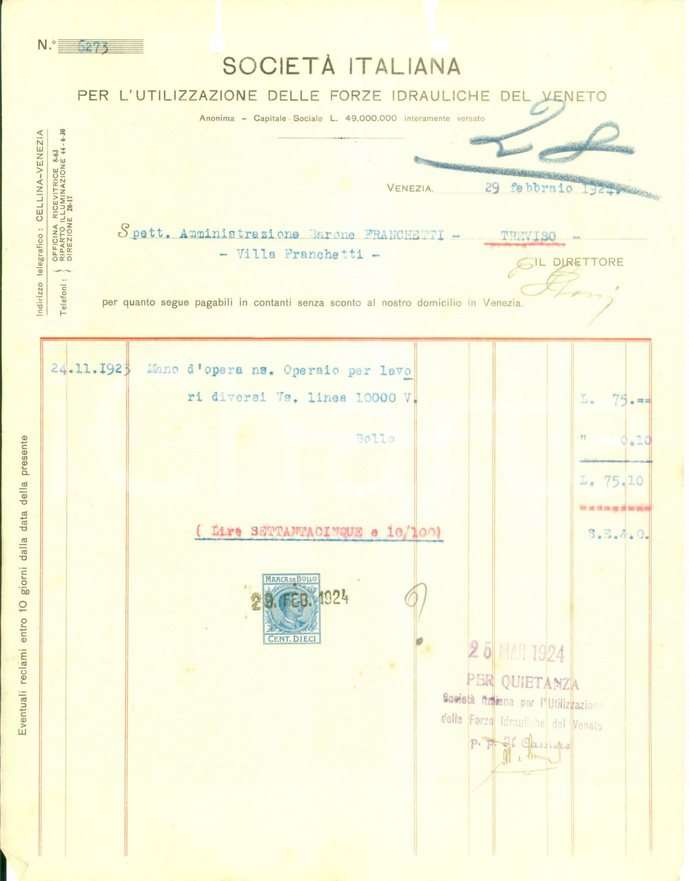 Documento originale, autentico 1924 VENEZIA SocietÃ  Italiana Forze Idrauliche del VENETO Fattura commerciale 1
