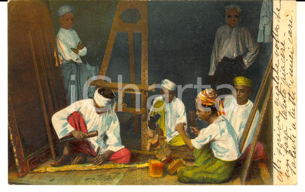 Cartolina originale da collezione 1924 MISSIONI ESTERE  BIRMANIA Piccoli intagliatori al lavoro Cartolina 1