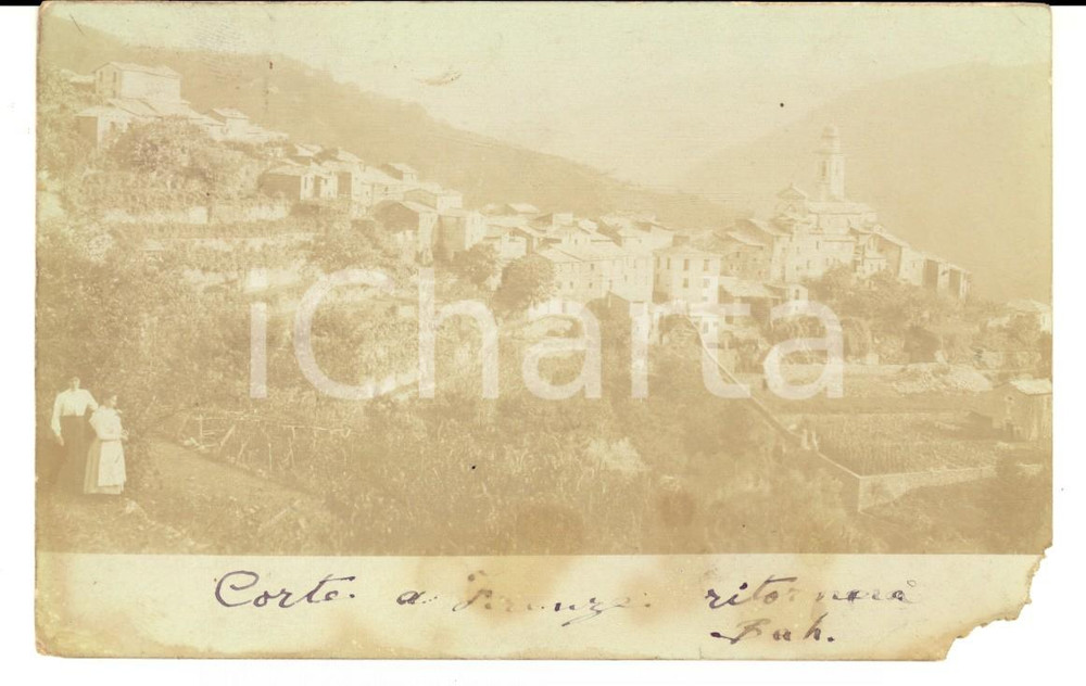 Fotografia d epoca originale 1903 BORDIGHERA PIANI Veduta con giovani donne Foto cartolina FP RARA 1