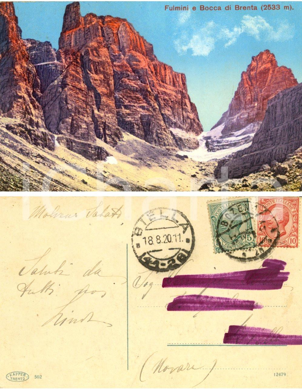 Autografo originale 1920 FULMINI e BOCCA DI BRENTA TN Dolomiti Cartolina Linda MOSCA RIATEL SELLA 1