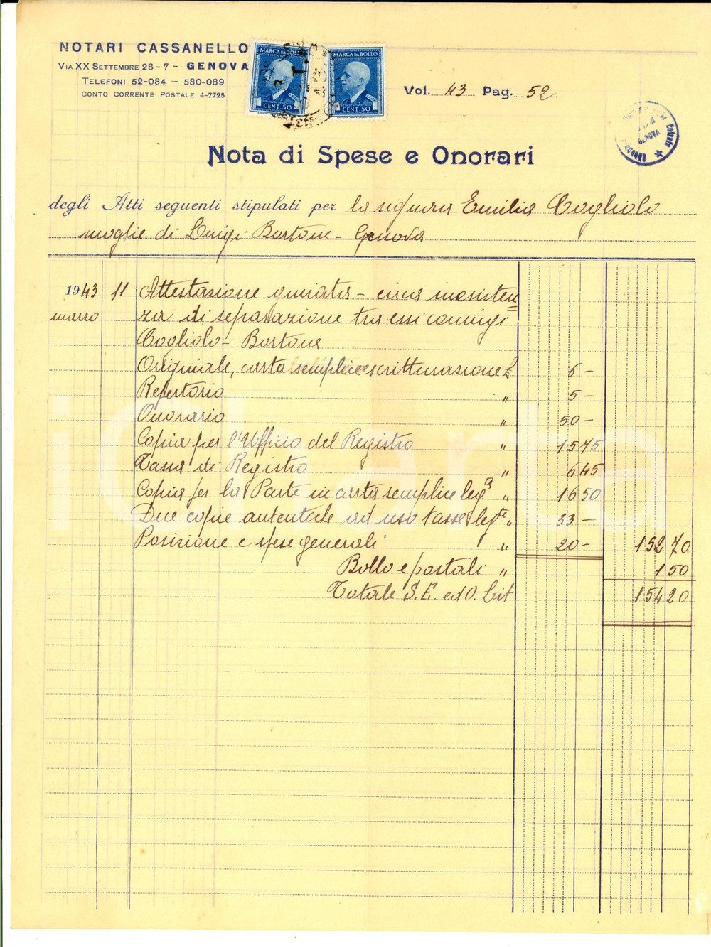 Documento originale, autentico 1930 ca GENOVA Studio notarile CASSANELLO  Parcella per Emilia COGLIOLO 1