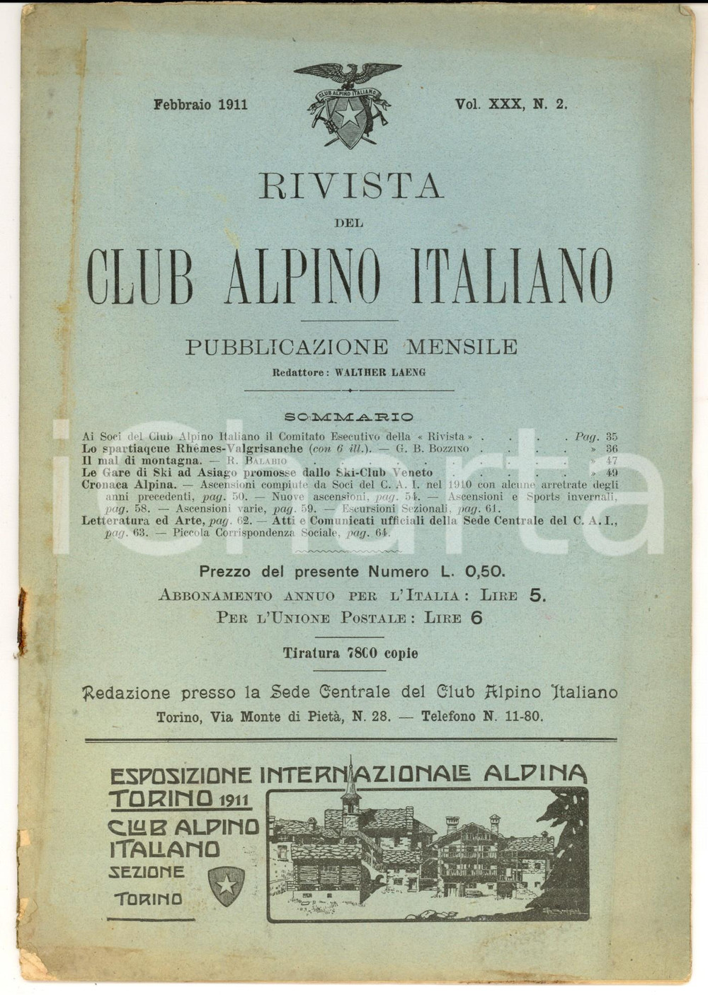 Giornale, rivista storica 1911 RIVISTA CLUB ALPINO ITALIANO Gare di sci ad ASIAGO Rivista vol. XXX nÂ° 2 1