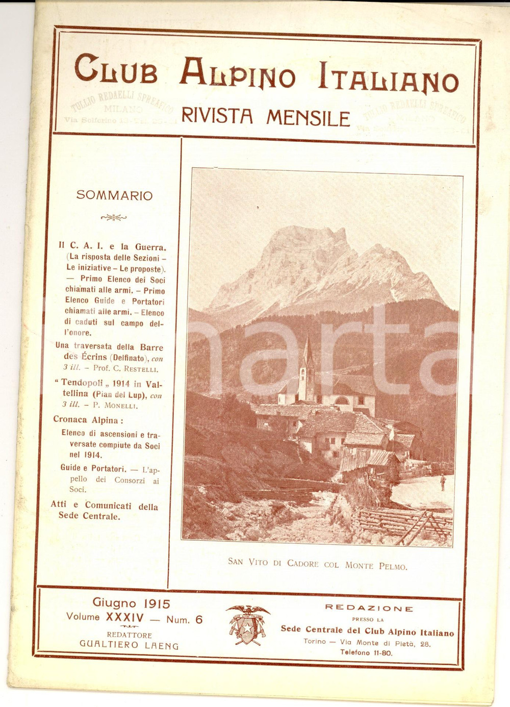 Giornale, rivista storica 1915 RIVISTA CLUB ALPINO ITALIANO CAI Tendopoli in VALTELLINA nÂ° 6 1