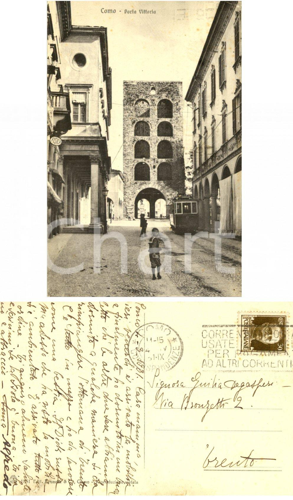 Autografo originale 1931 COMO Porta VITTORIA Cartolina giornalista Alfredo DEGASPERI alla madre 1