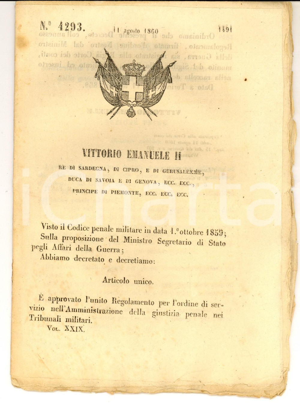 Documento originale, autentico 1860 ROMA Amministrazione giustizia penale nei tribunali militari Decreto 1