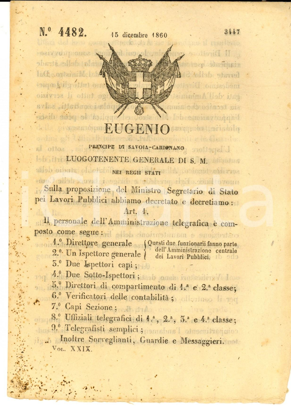 Documento originale, autentico 1860 ROMA Composizione persnale dell Amministrazione telegrafica Decreto 1