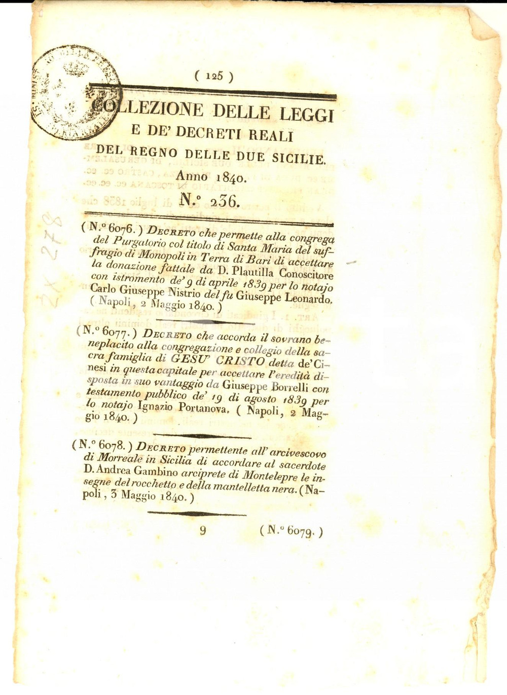 Documento originale, autentico 1840 REGNO DUE SICILIE Decreto sui giudicati di circondario Estratto nÂ° 236 1