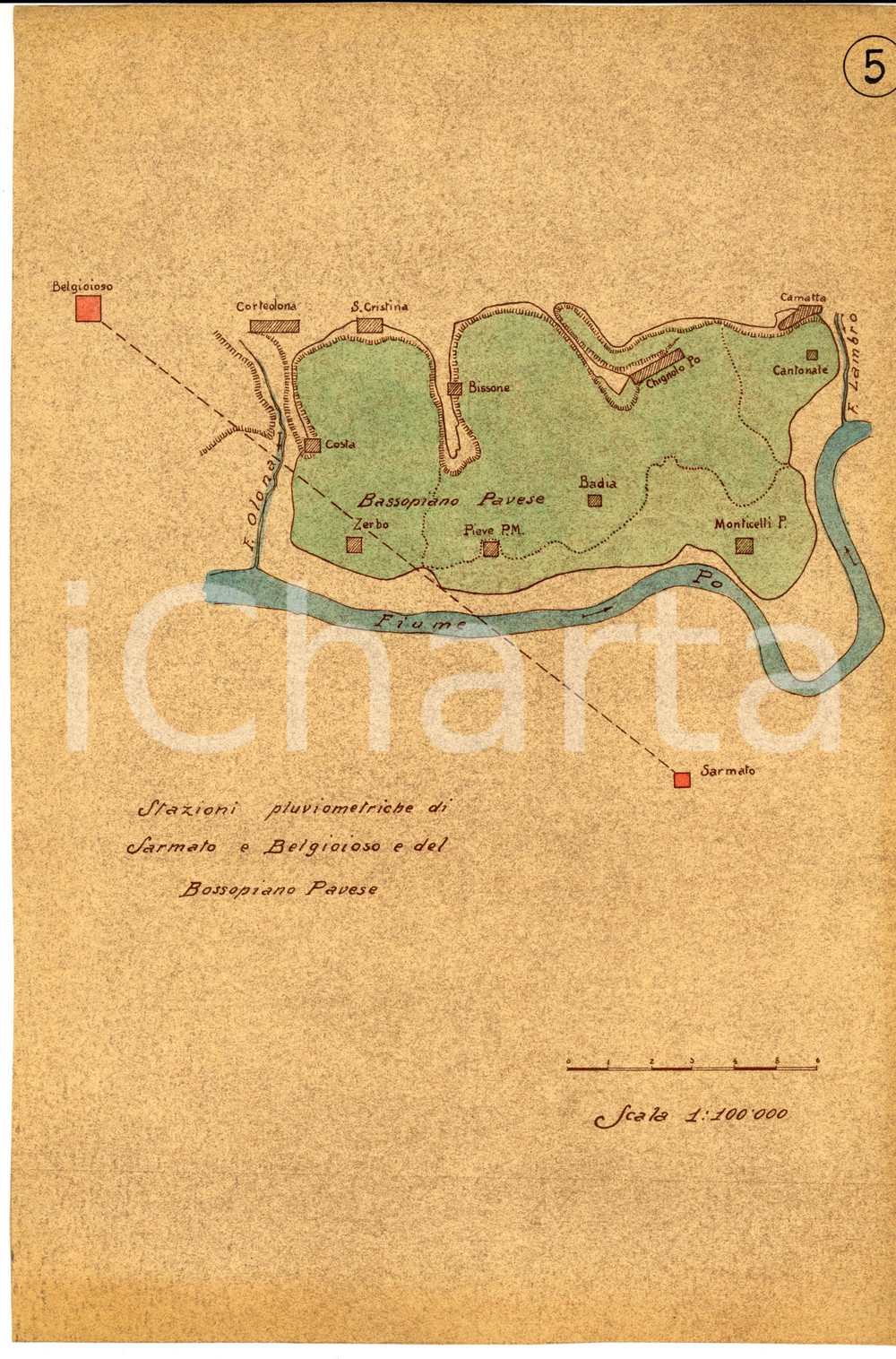 Mappa, planimetria storica 1930 ca SARMATO  BELGIOIOSO PV Stazioni pluviometriche Mappa 22x31 1