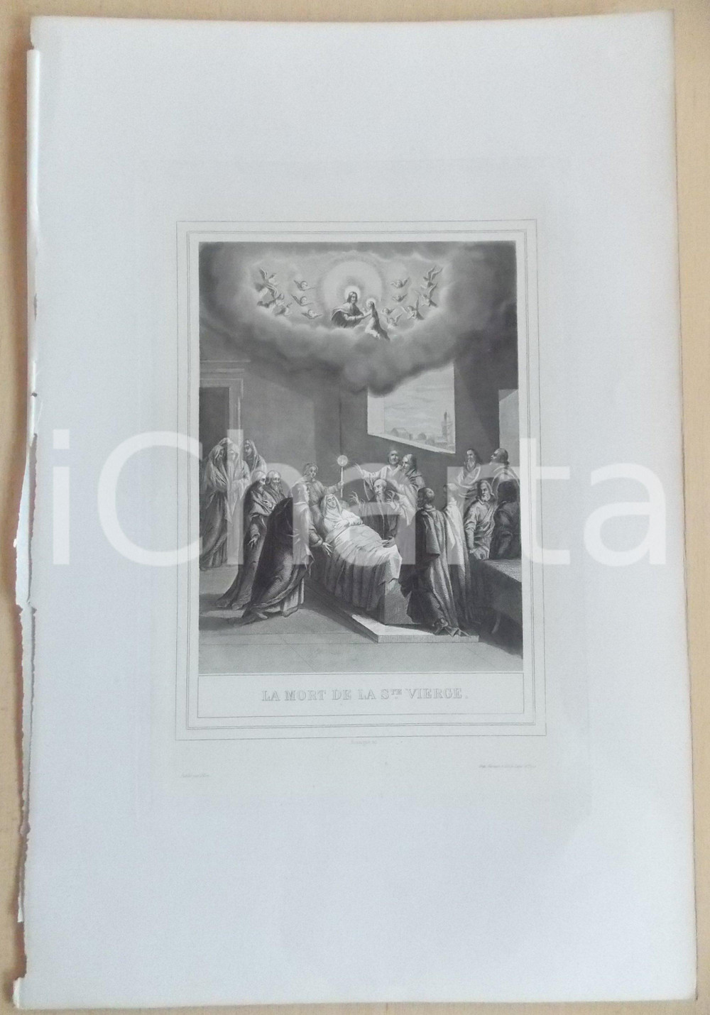 Stampa, bozzetto originale 1853 VIE DE N. S. JESUS CHRIST La mort de la Sainte Vierge Gravure 28x42 1