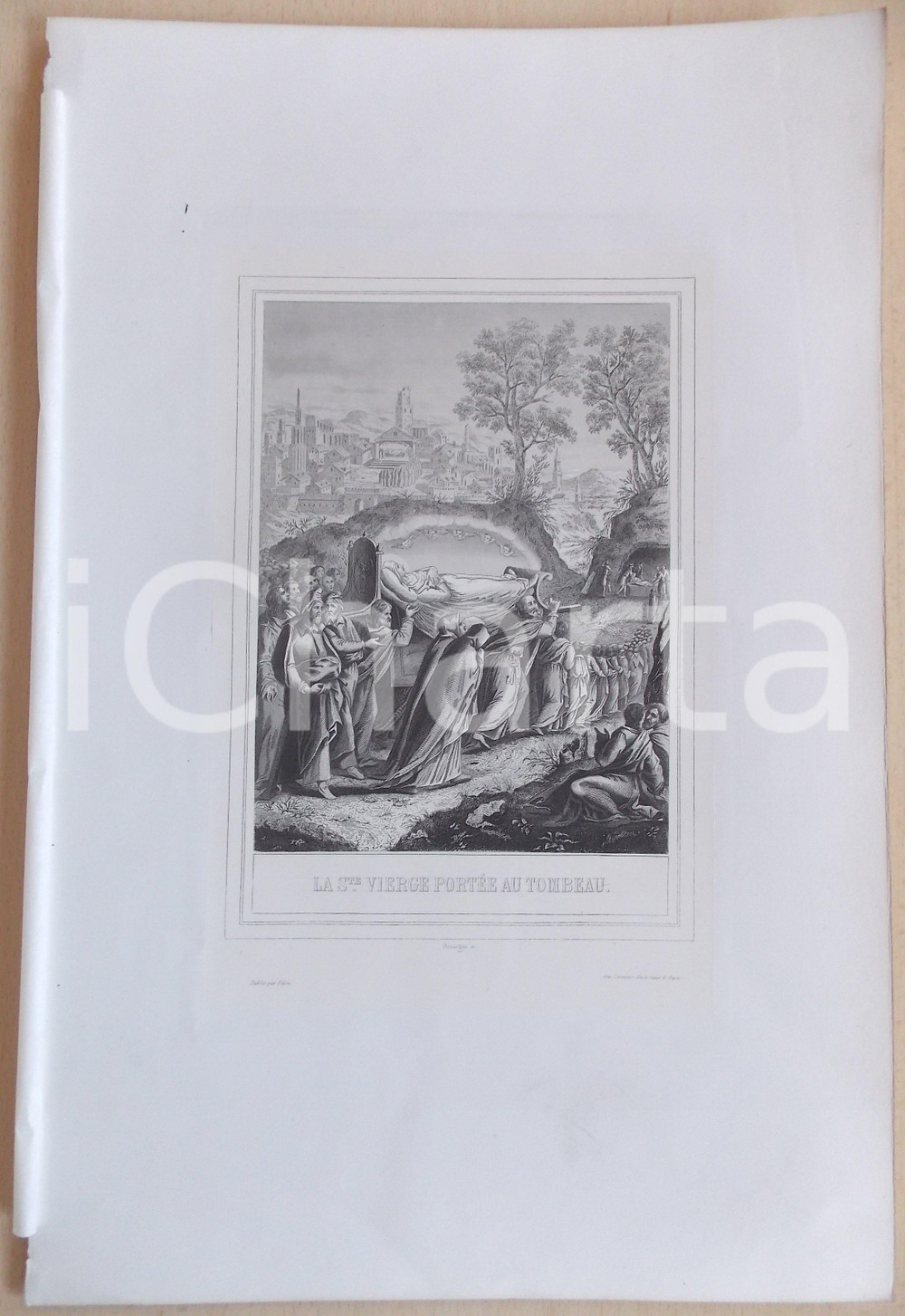 Stampa, bozzetto originale 1853 VIE DE N. S. JESUS CHRIST La Sainte Vierge portÃ©e au tombeau Gravure 28x42 1