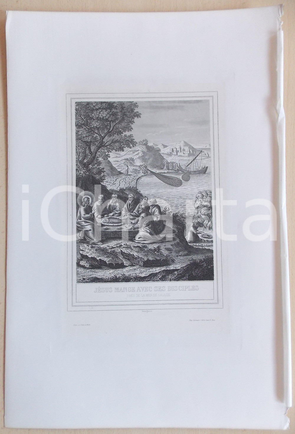 Stampa, bozzetto originale 1853 VIE DE JESUS CHRIST JÃ©sus mange avec disciples prÃ¨s mer de GalilÃ©e Gravure 1