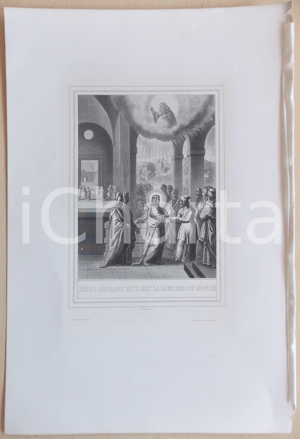 Stampa, bozzetto originale 1853 VIE DE JESUS CHRIST JÃ©sus dÃ©clare qu il est la lumiÃ¨re du monde Gravure 1