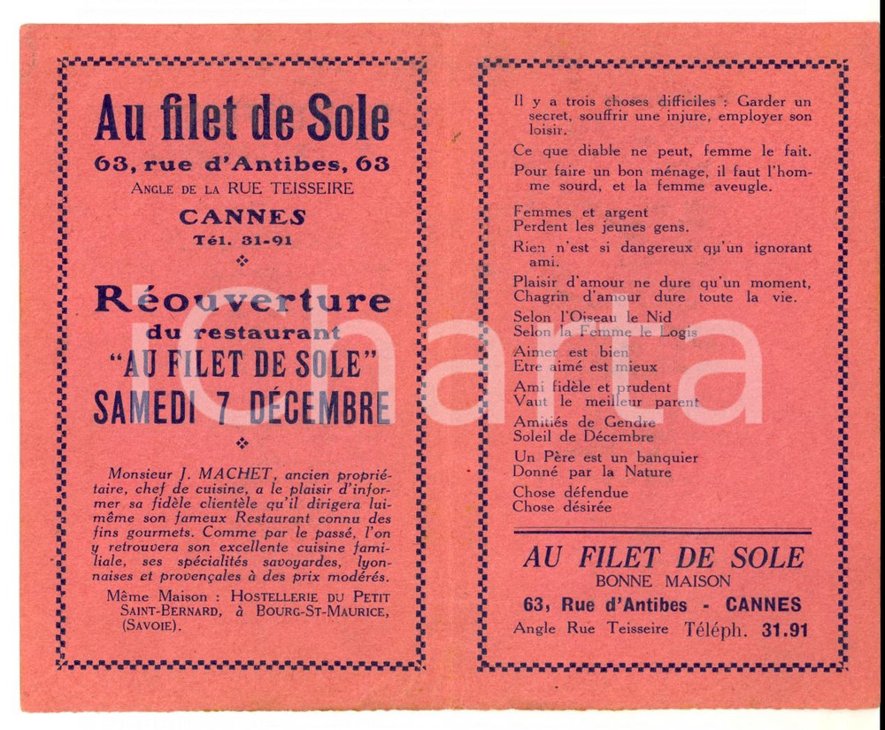 Materiale pubblicitario d’epoca 1930 CANNES Restaurant AU FILET DE SOLE RÃ©ouverture Publicitaire proverbes 1