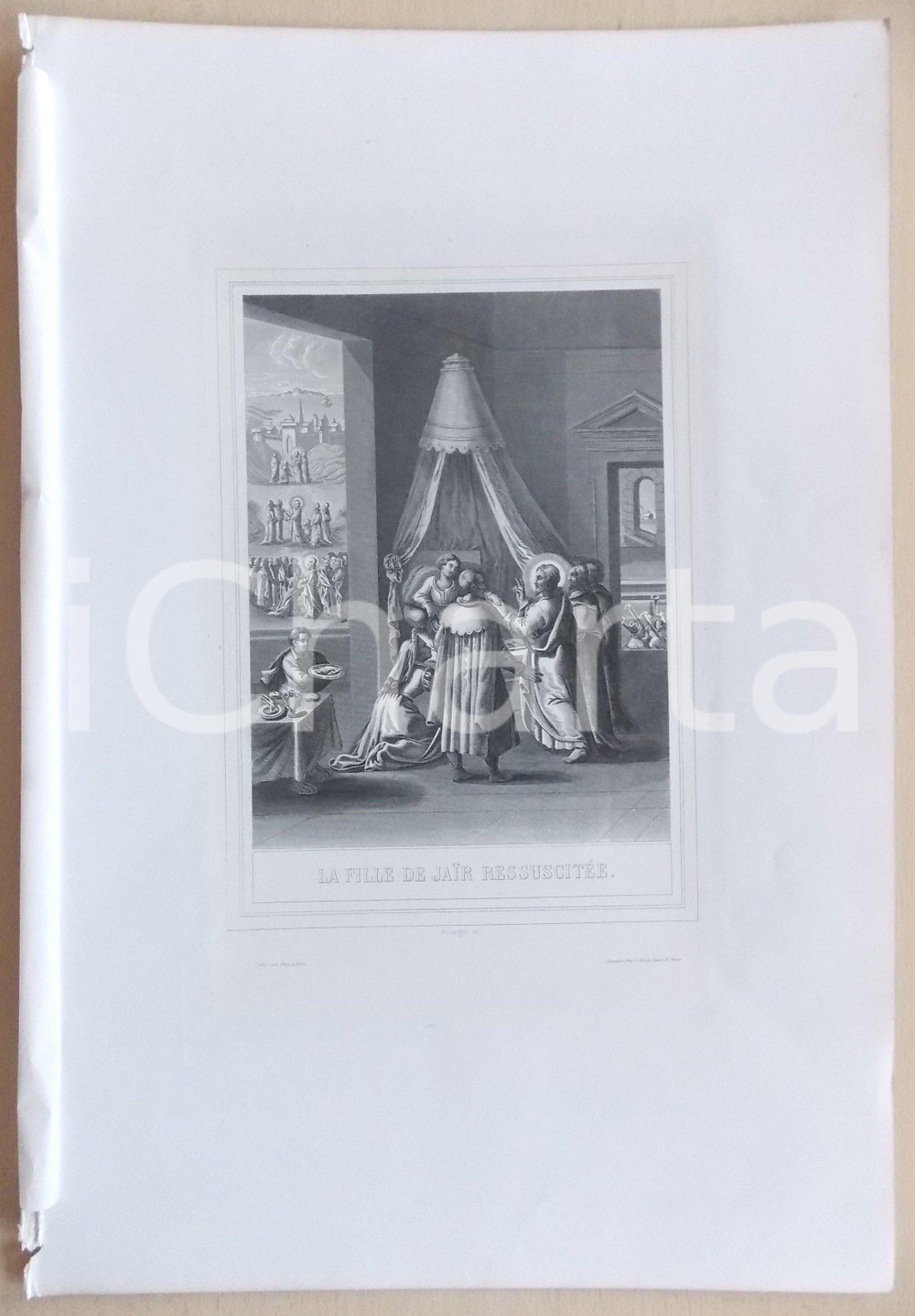 Stampa, bozzetto originale 1853 VIE DE N. S. JESUS CHRIST La fille de JaÃ¯re ressuscitÃ©e Gravure 28x42 1