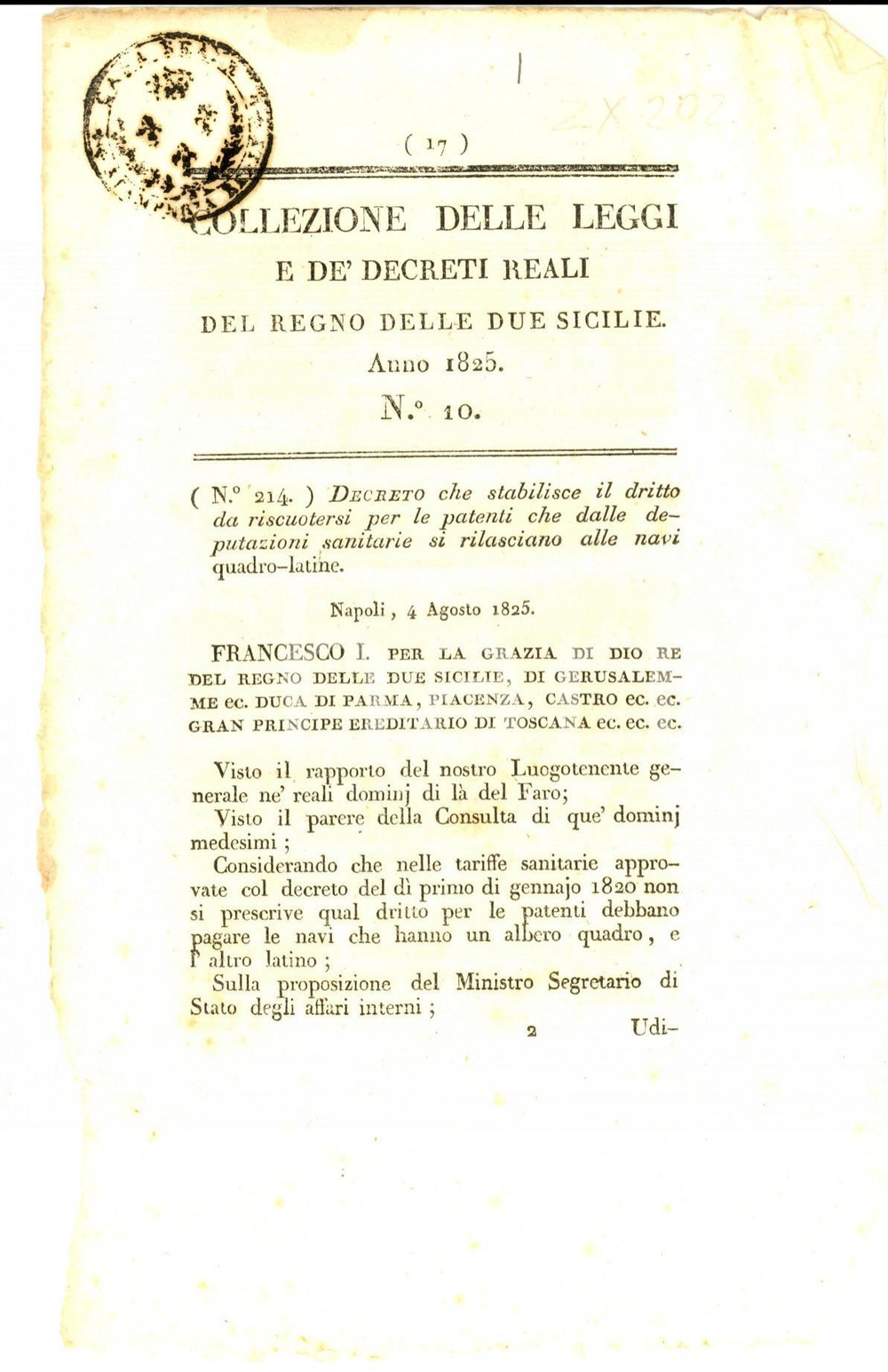Documento originale, autentico 1825 REGNO DUE SICILIE Decreto sulle patenti alle navi quadrolatine Estratto 1