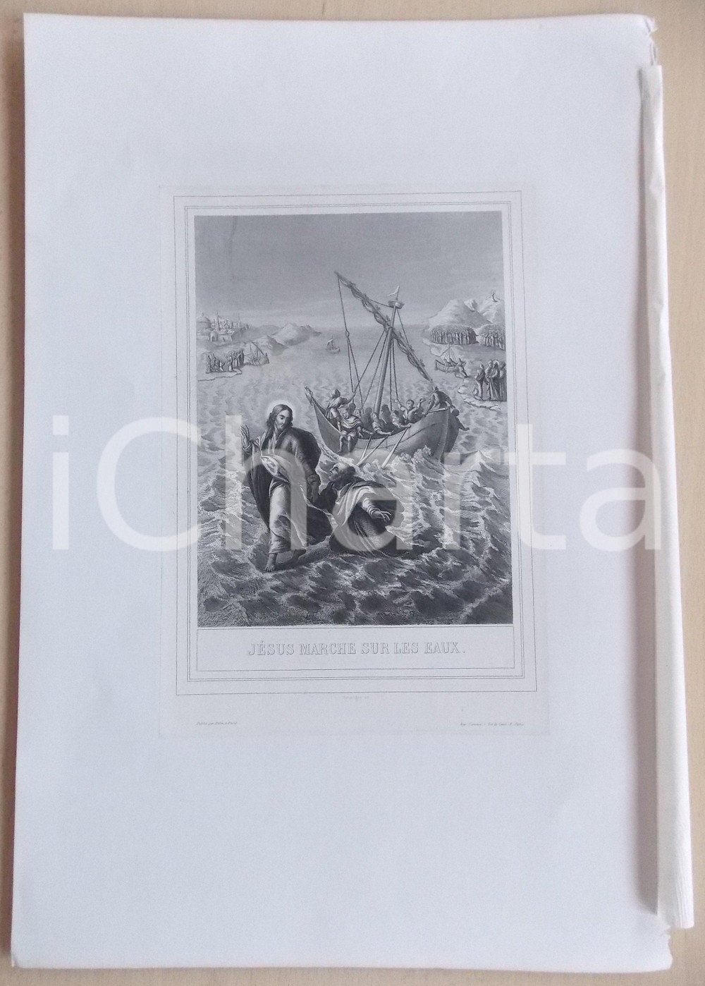 Stampa, bozzetto originale 1853 VIE DE N. S. JESUS CHRIST JÃ©sus marche sur les eaux Gravure 28 x 42 1