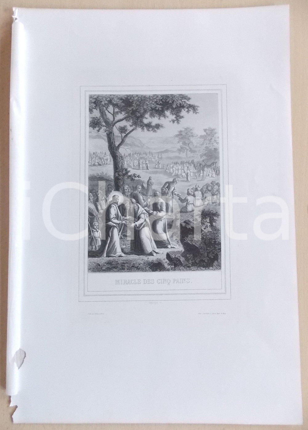 Stampa, bozzetto originale 1853 VIE DE N. S. JESUS CHRIST Miracle des cinq pains Gravure 28 x 42 1