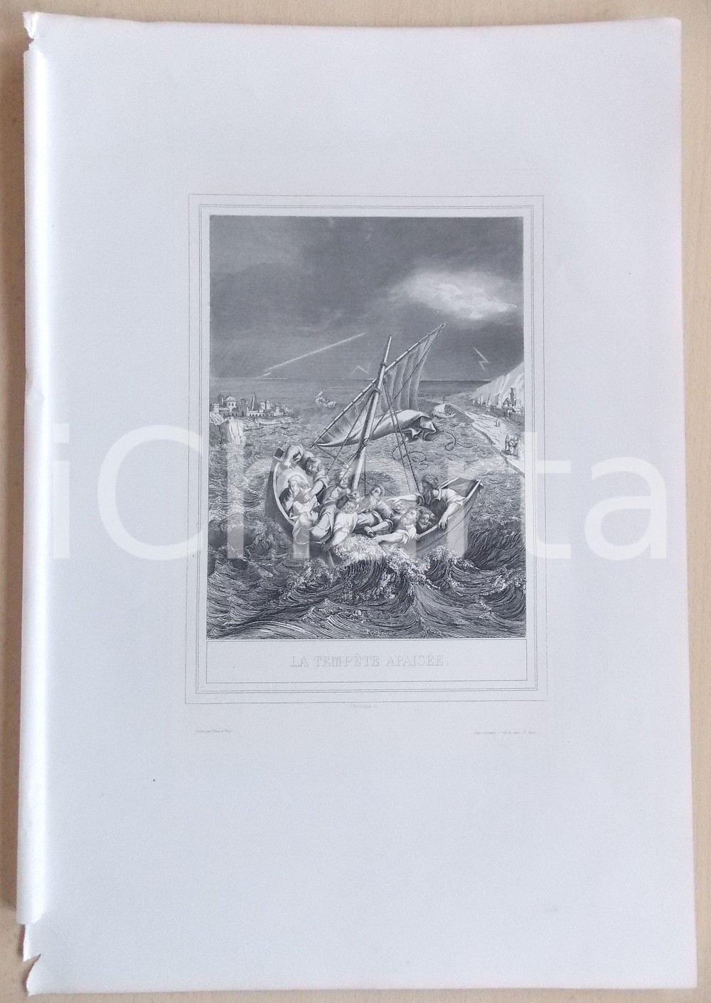 Stampa, bozzetto originale 1853 VIE DE N. S. JESUS CHRIST La tempÃªte apaisÃ©e Gravure 28 x 42 1