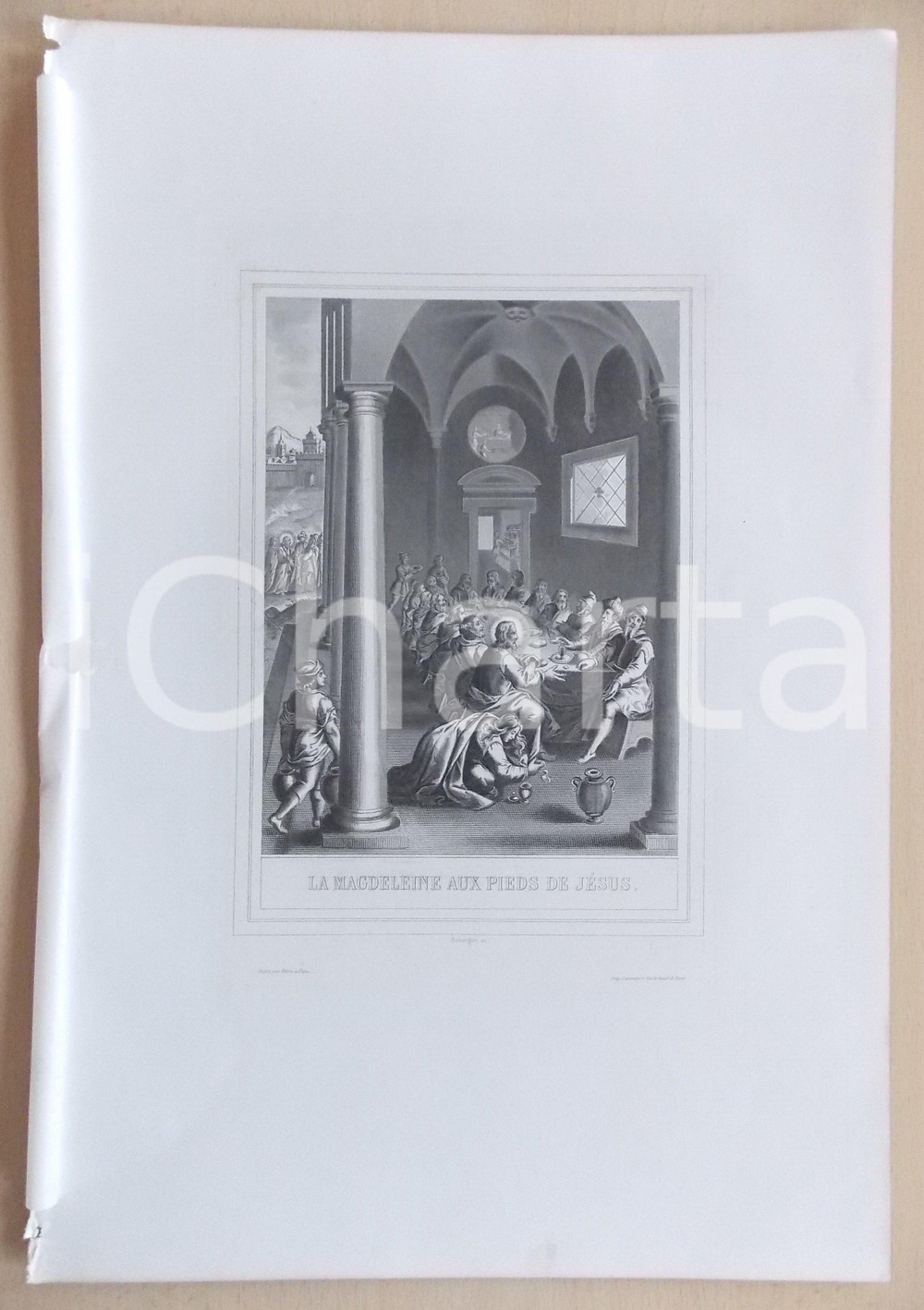 Stampa, bozzetto originale 1853 VIE DE N. S. JESUS CHRIST La Magdeleine aux pieds de JÃ©sus Gravure 28 x 42 1