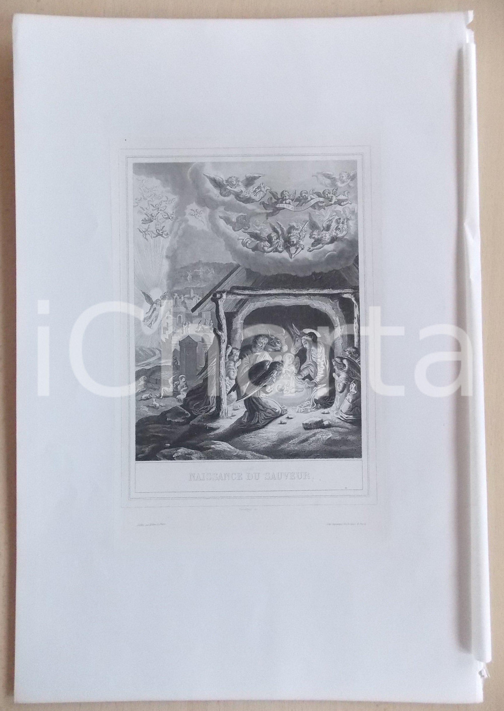 Stampa, bozzetto originale 1853 VIE DE N. S. JESUS CHRIST La naissance du sauveur Gravure 28 x 42 1