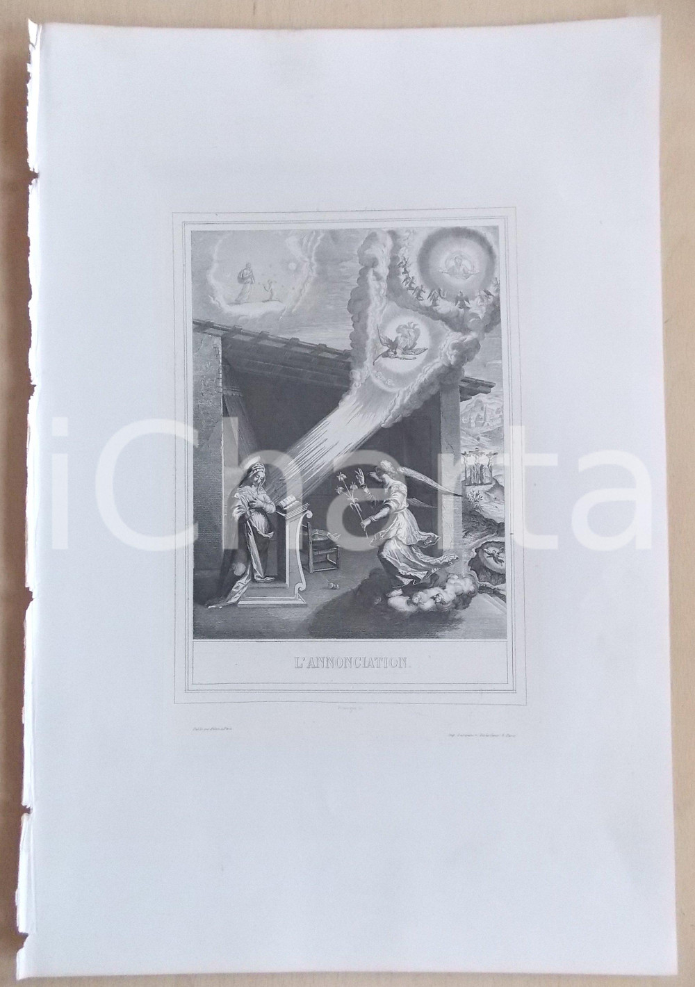 Stampa, bozzetto originale 1853 VIE DE N. S. JESUS CHRIST L Annonciation Gravure 28 x 42 1