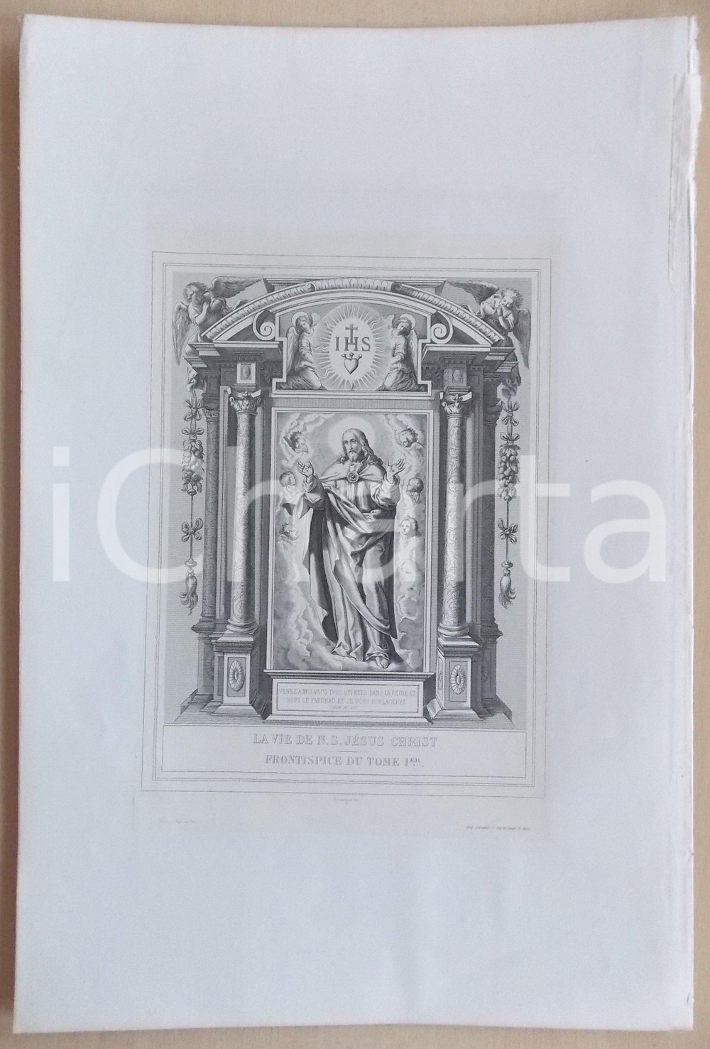 Stampa, bozzetto originale 1853 VIE DE N. S. JESUS CHRIST Frontispice du Tome Premier Gravure 28 x 42 1