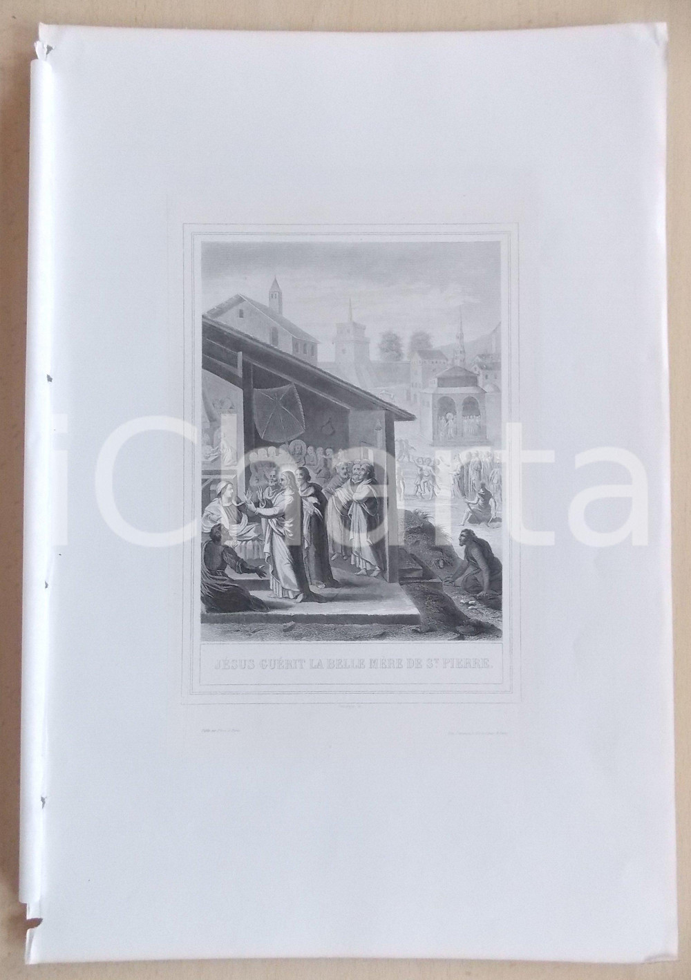 Stampa, bozzetto originale 1853 VIE DE JESUS CHRIST JÃ©sus guÃ©rit la belle mÃ¨re de Saint Pierre Gravure 1
